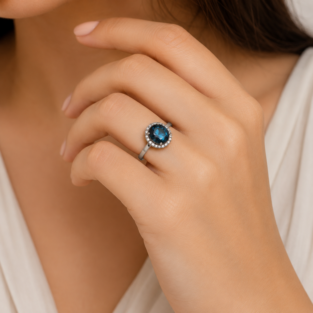 Royal Blue Topaz London Halo Ring